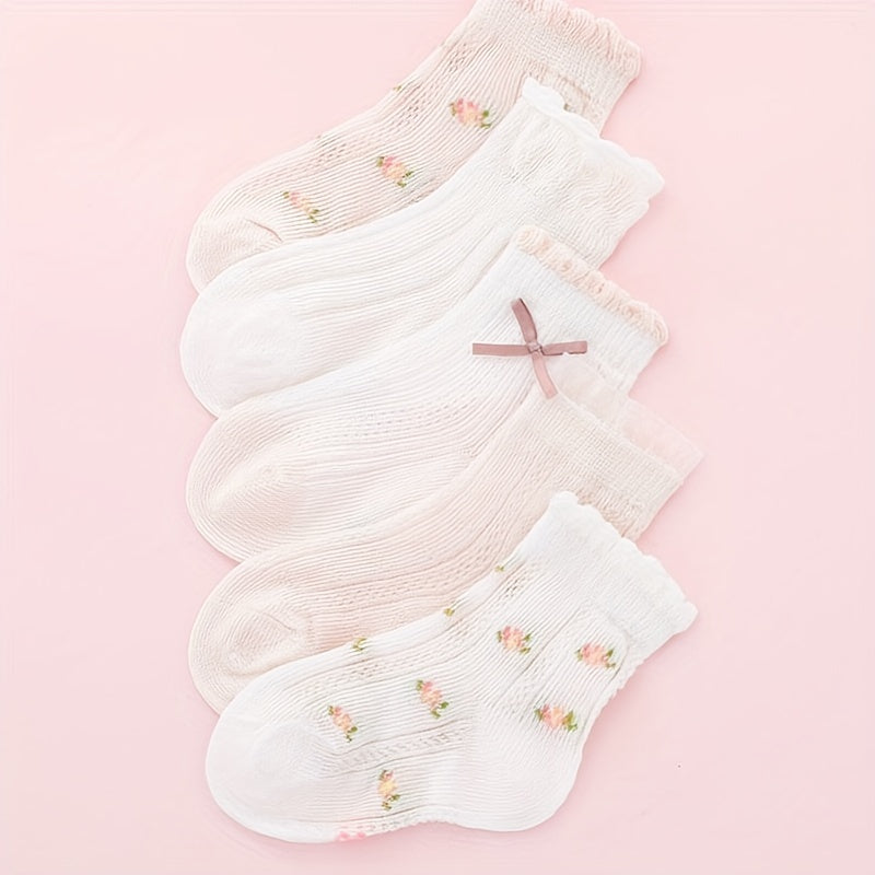 5Pairs Girls Mesh Thin Flower Pattern Bow Knitted Lace Crew Socks