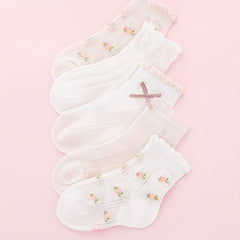 5Pairs Girls Mesh Thin Flower Pattern Bow Knitted Lace Crew Socks