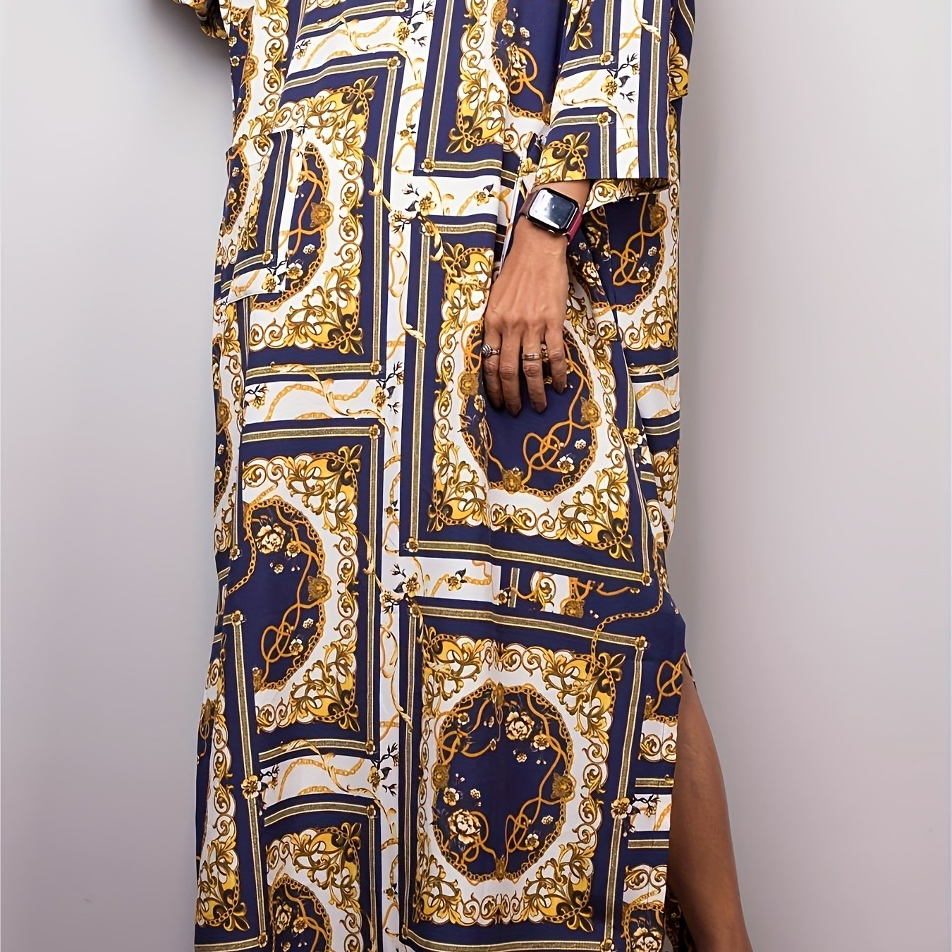  Retro Kaftan Dress Three Quarter Sleeve V Neck Baroque Print