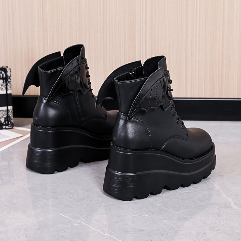 Gothic Platform Ankle Boots Lace Up Round Toe Wedge Heel Punk Short Boots