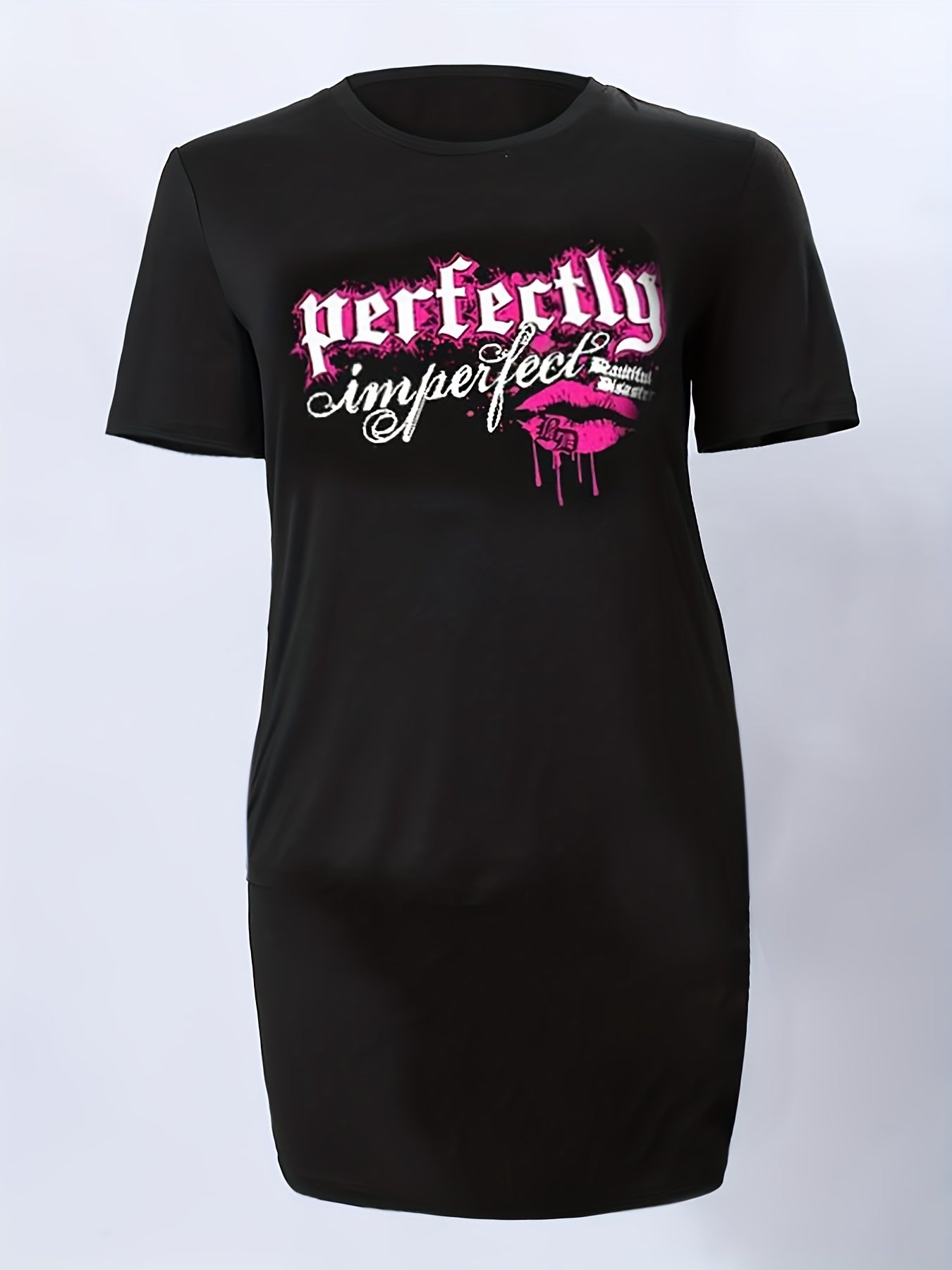  Casual Lip & Letter Print Tee Dress Short Sleeve Round Neck Dress
