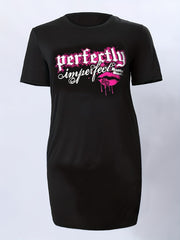  Casual Lip & Letter Print Tee Dress Short Sleeve Round Neck Dress