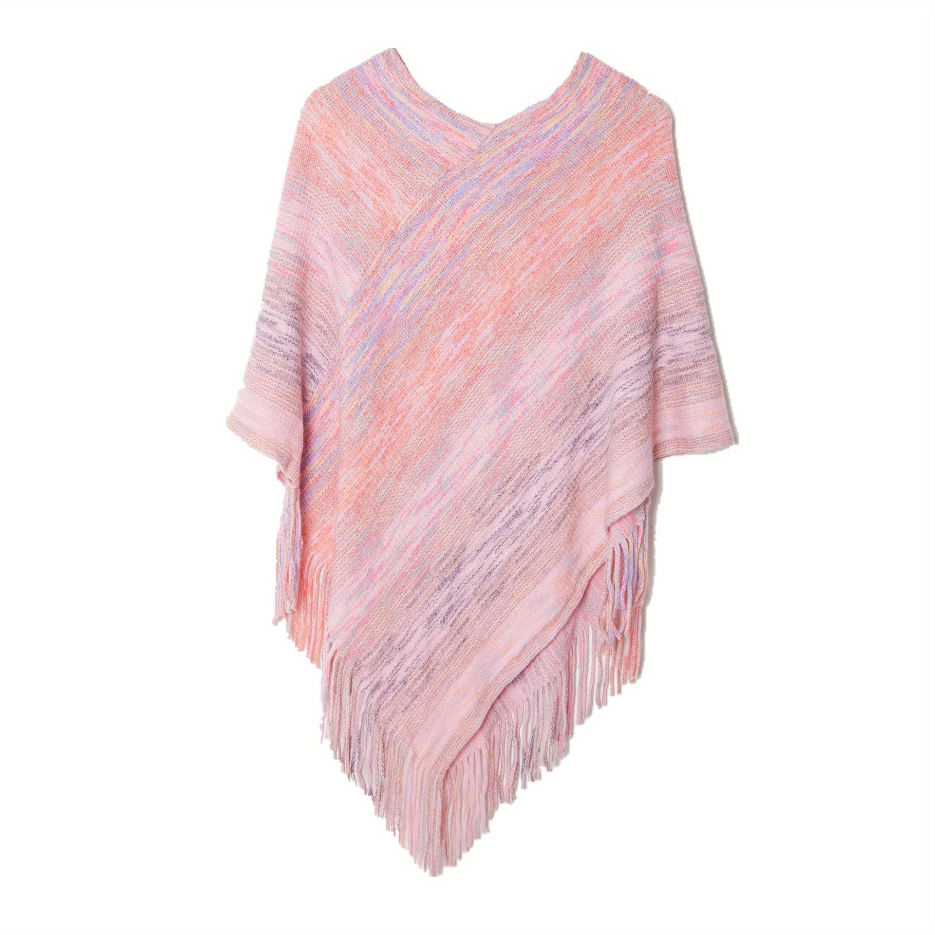 Women's V Neck Pullover Shawl Tassel Knitted Wrap Cloak