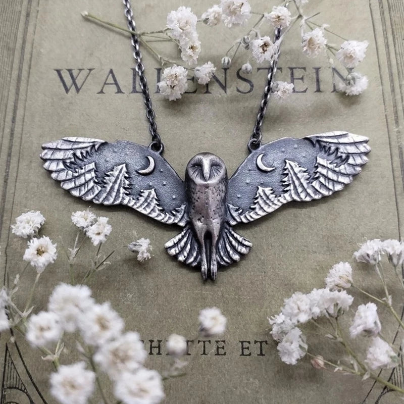 Vintage Silver Owl Pendant Necklace with Floating Charms