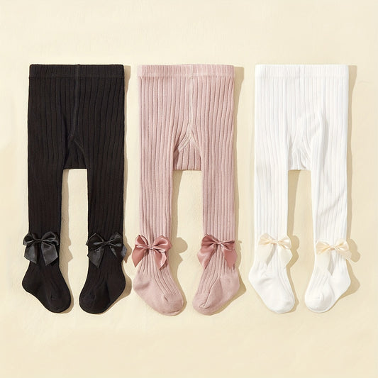 3 Pairs Girls Kids Bowknot Footed Pantyhose for Autumn Winter