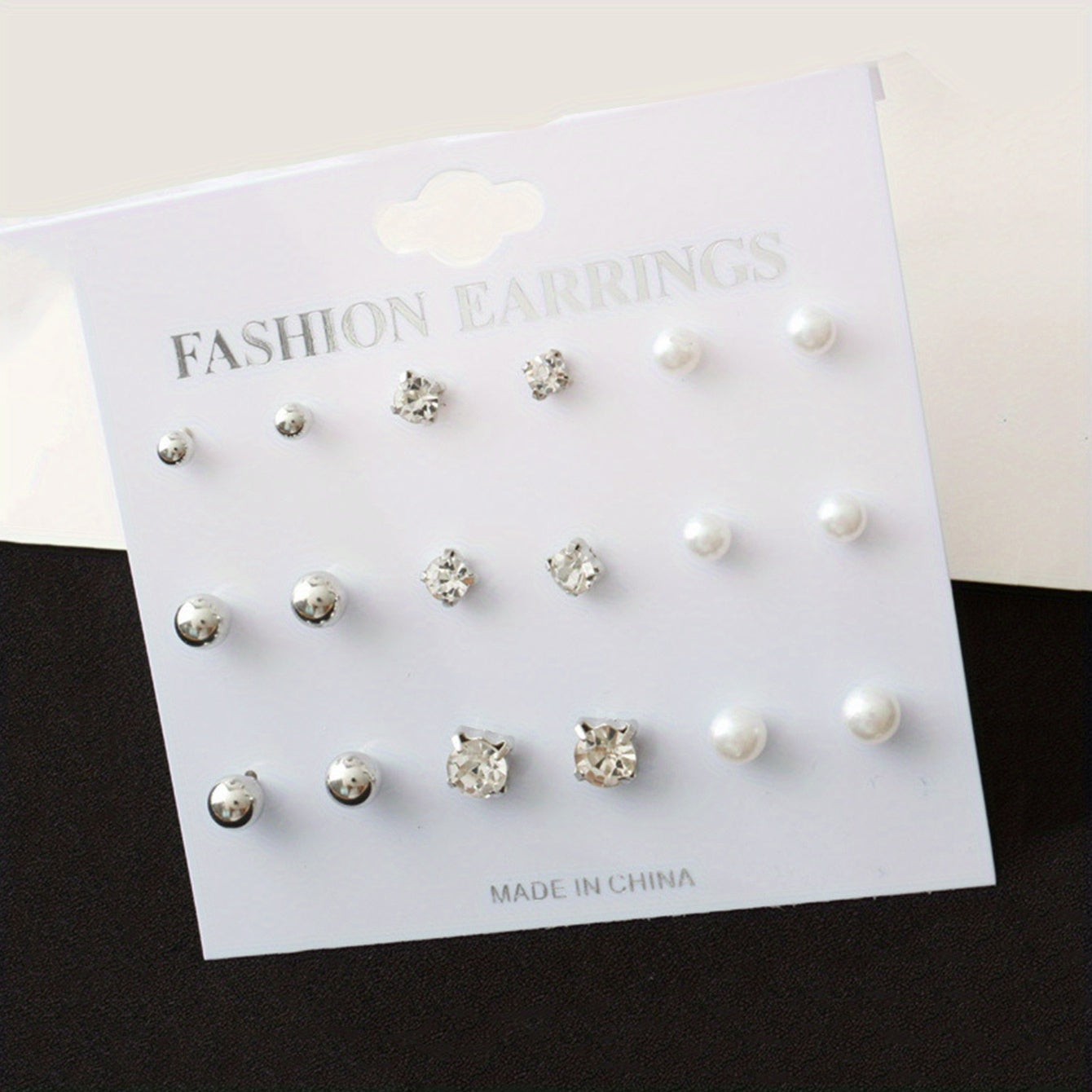 9 Pairs Round Faux Pearl Stud Earrings Set Silver Plated