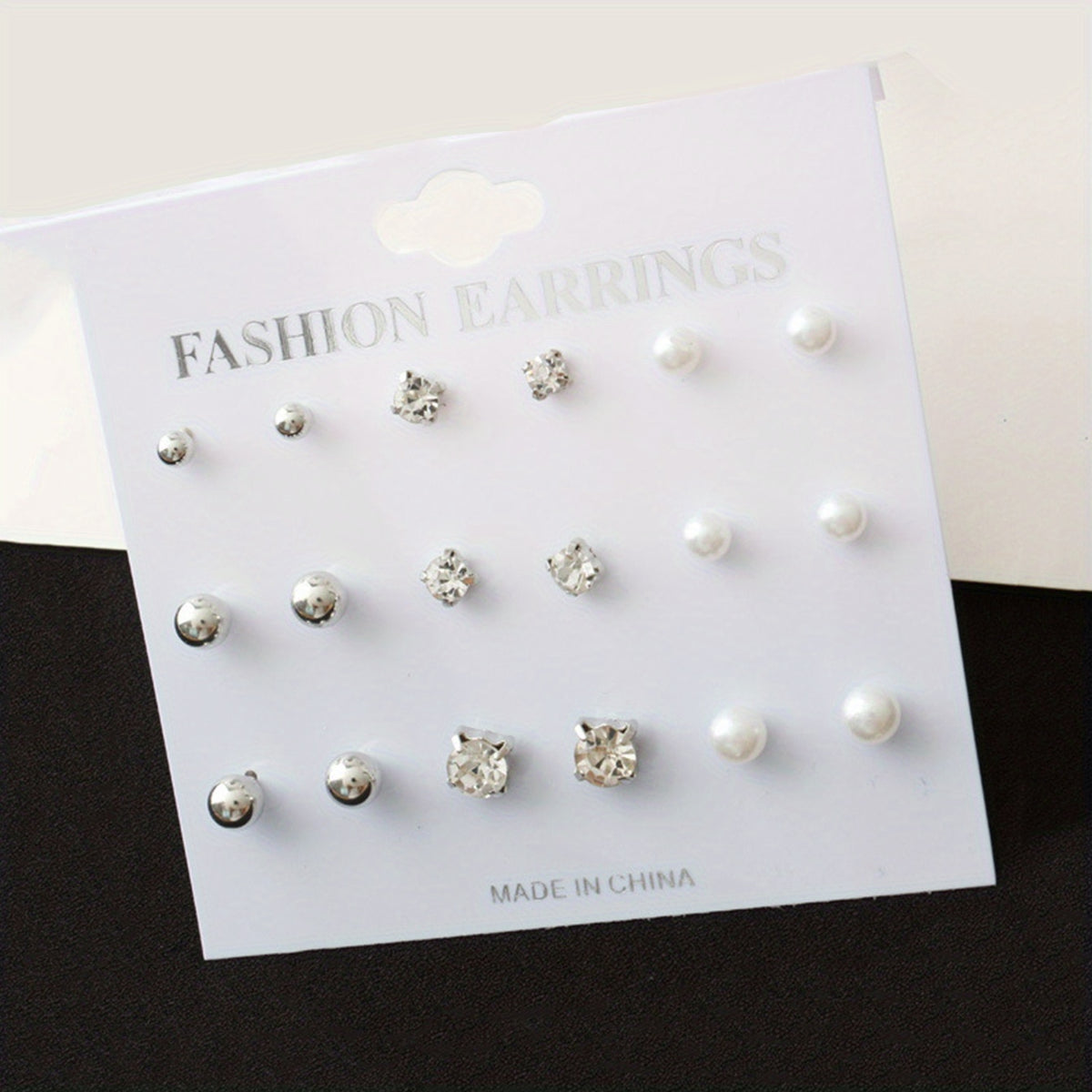 9 Pairs Round Faux Pearl Stud Earrings Set Silver Plated
