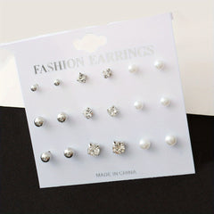 9 Pairs Round Faux Pearl Stud Earrings Set Silver Plated