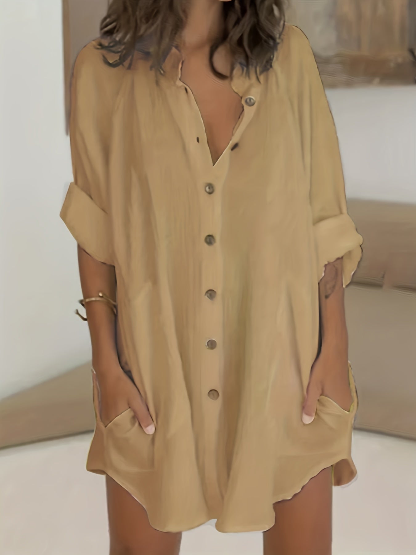  Solid Roll Up Sleeve Mock Neck Button Up Shirt Tunic Top