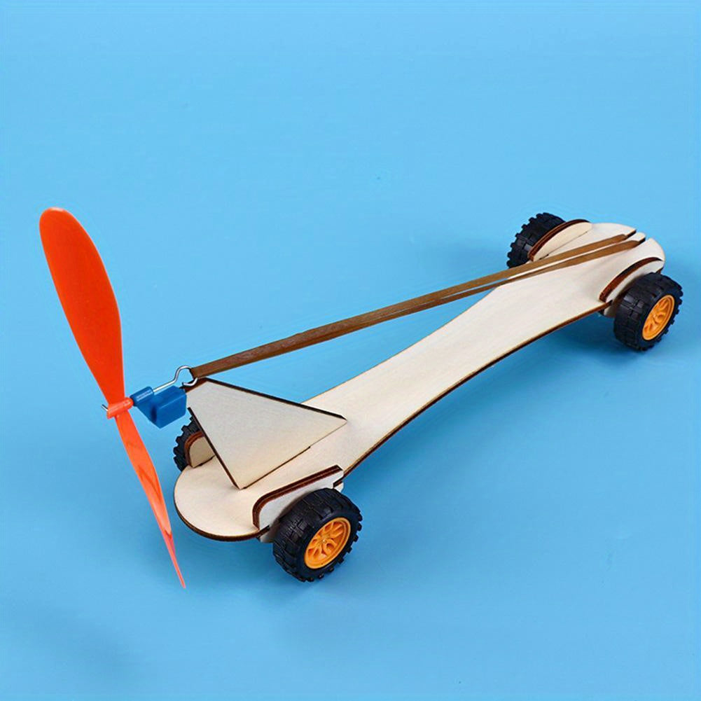 Rubber Band Power Car Kit Boys Fun Physics Toy Gift Yellow Orange Propeller