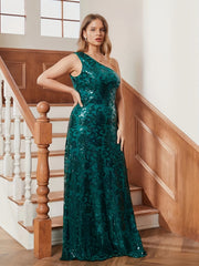  Solid Sequin One Shoulder Maxi Dress