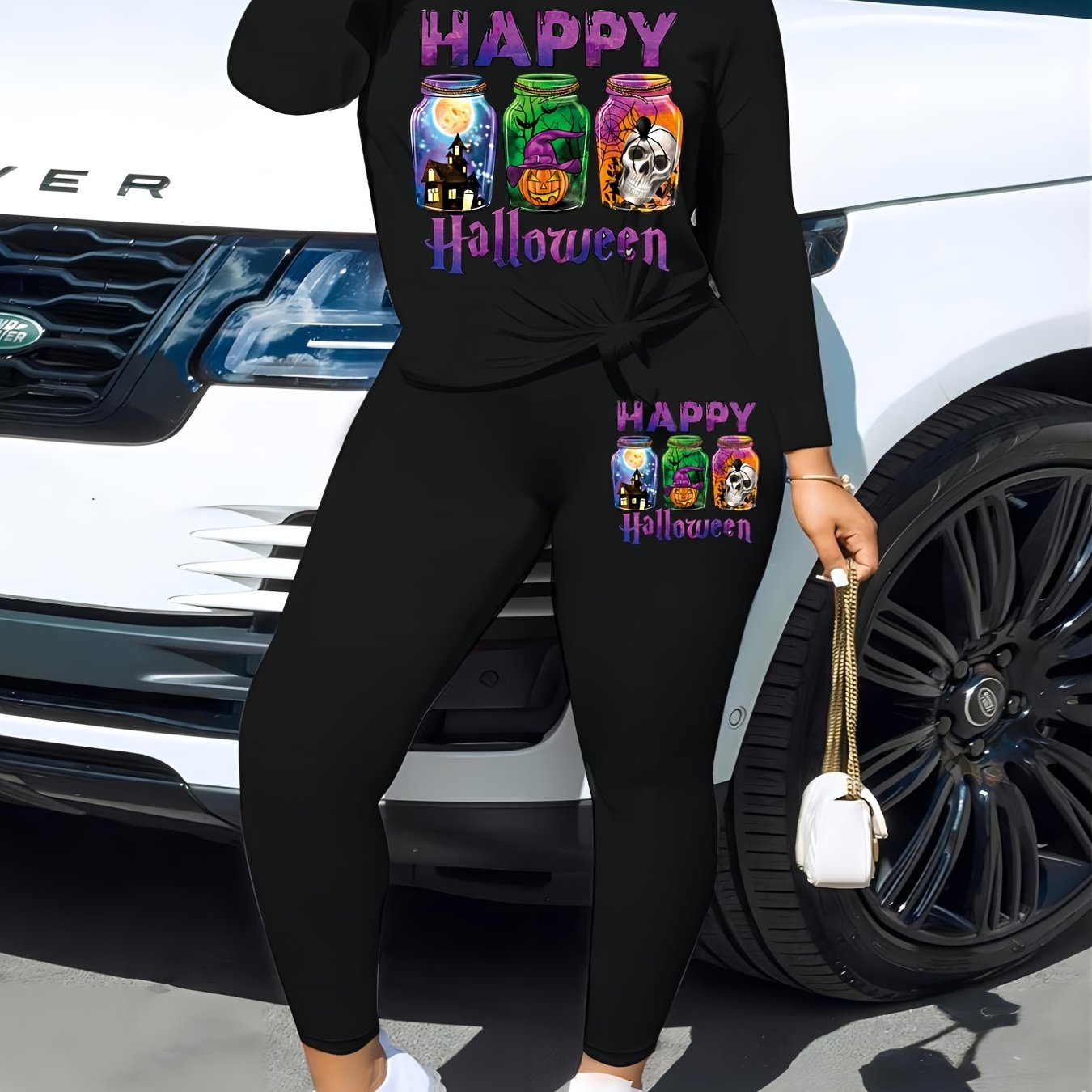  Halloween Casual Outfit Set Women's Plus Pumpkin & Skull Bottles Print