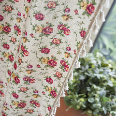 Boho Floral Curtain Soft Cotton Hemp Fabric for Living Room Bedroom Beige Tassel
