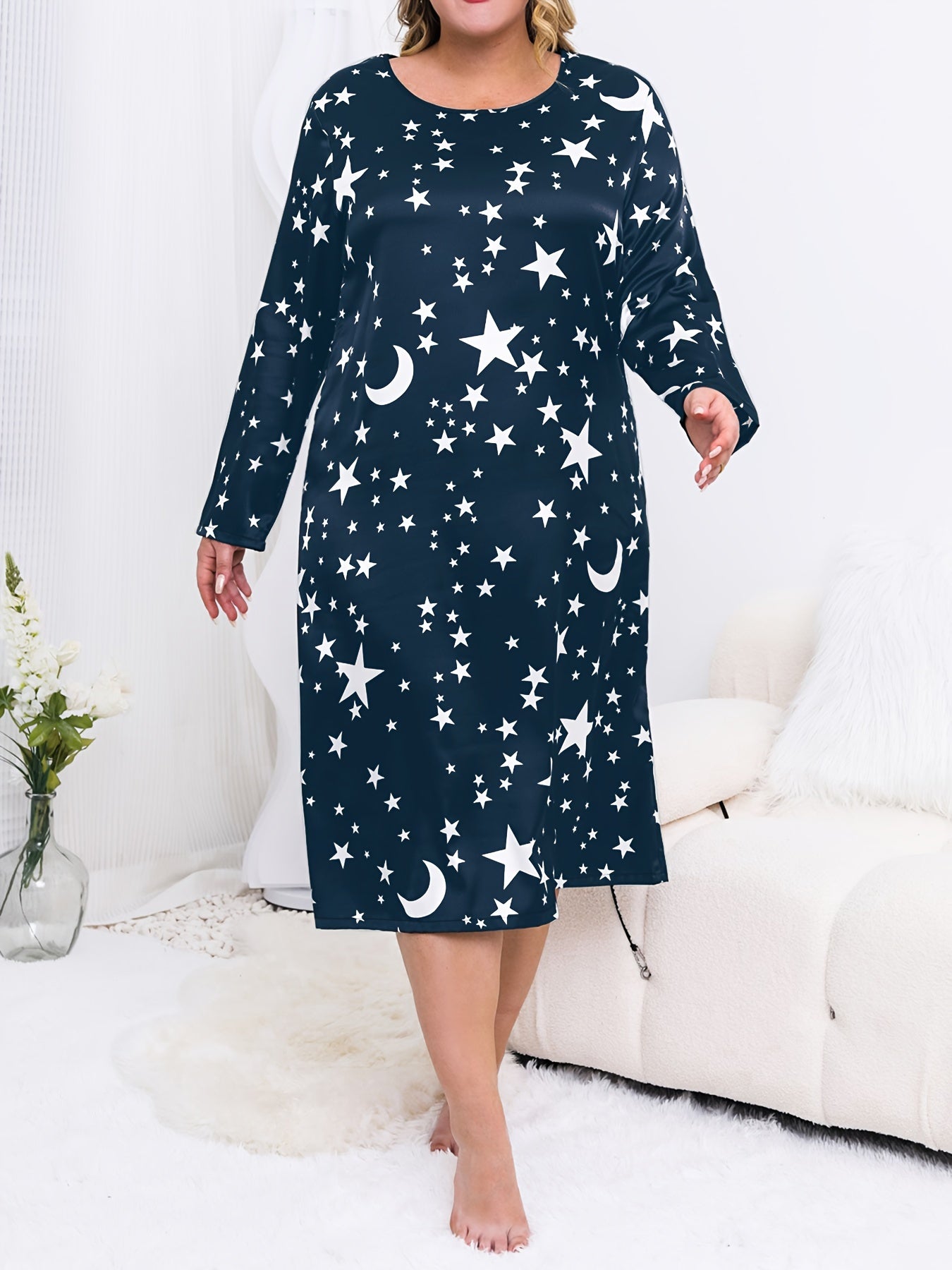  Star & Moon Print Long Sleeve Nightdress