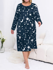  Star & Moon Print Long Sleeve Nightdress