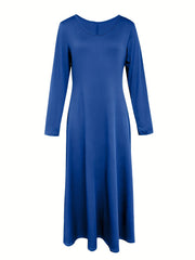 Plus Solid Long Sleeve Round Neck Maxi Dress With Pockets