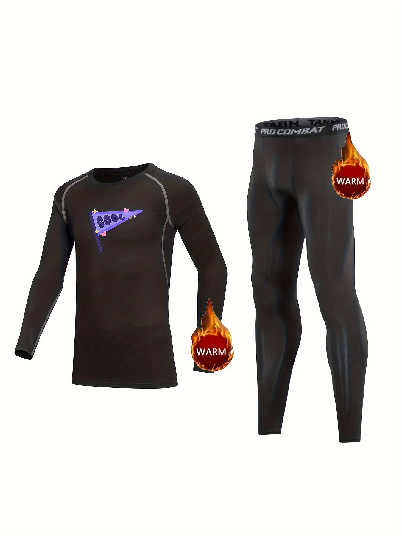 Kids Compression Fleece Set Cartoon Flag Pattern Crew Neck Pullover
