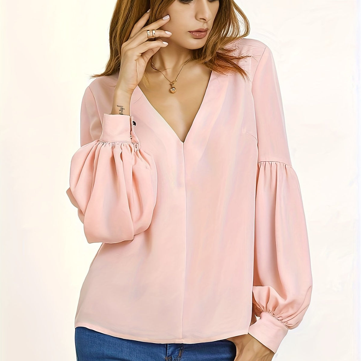  Casual Blouse Women's Plus Solid Stitching Lantern Sleeve