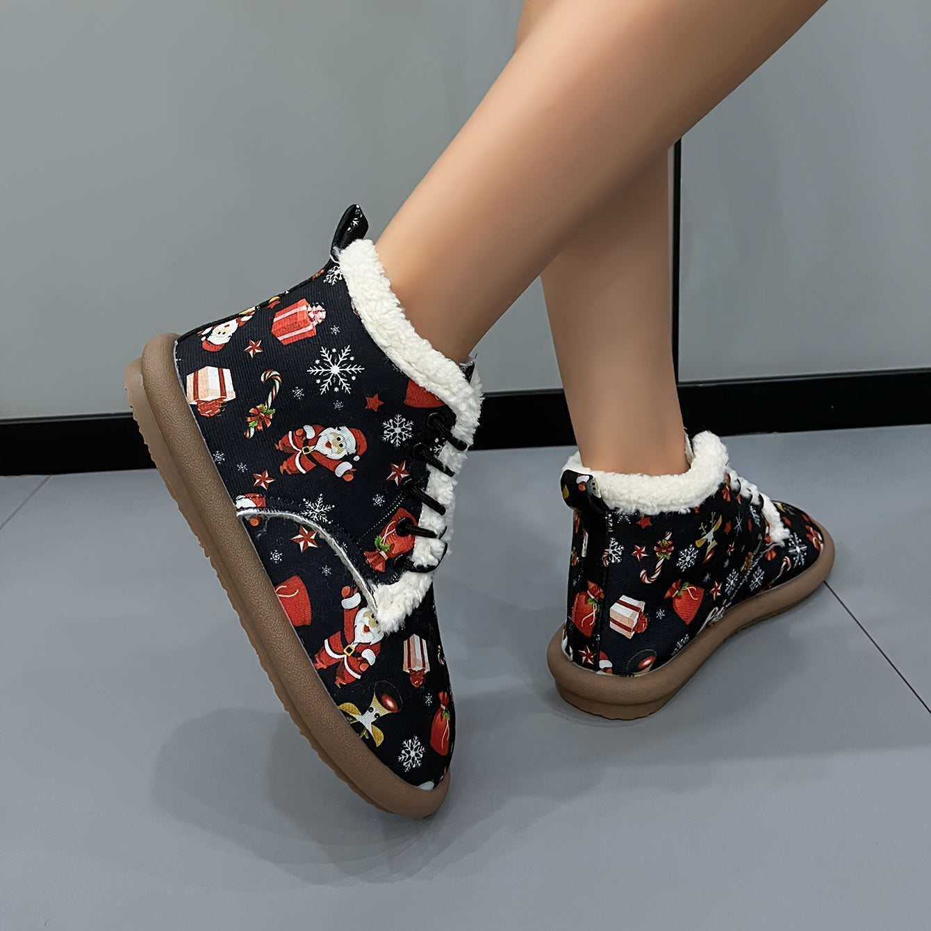 Women's Lace-Up Christmas Snow Boots Fleece-Lined Thermal Ankle Boots