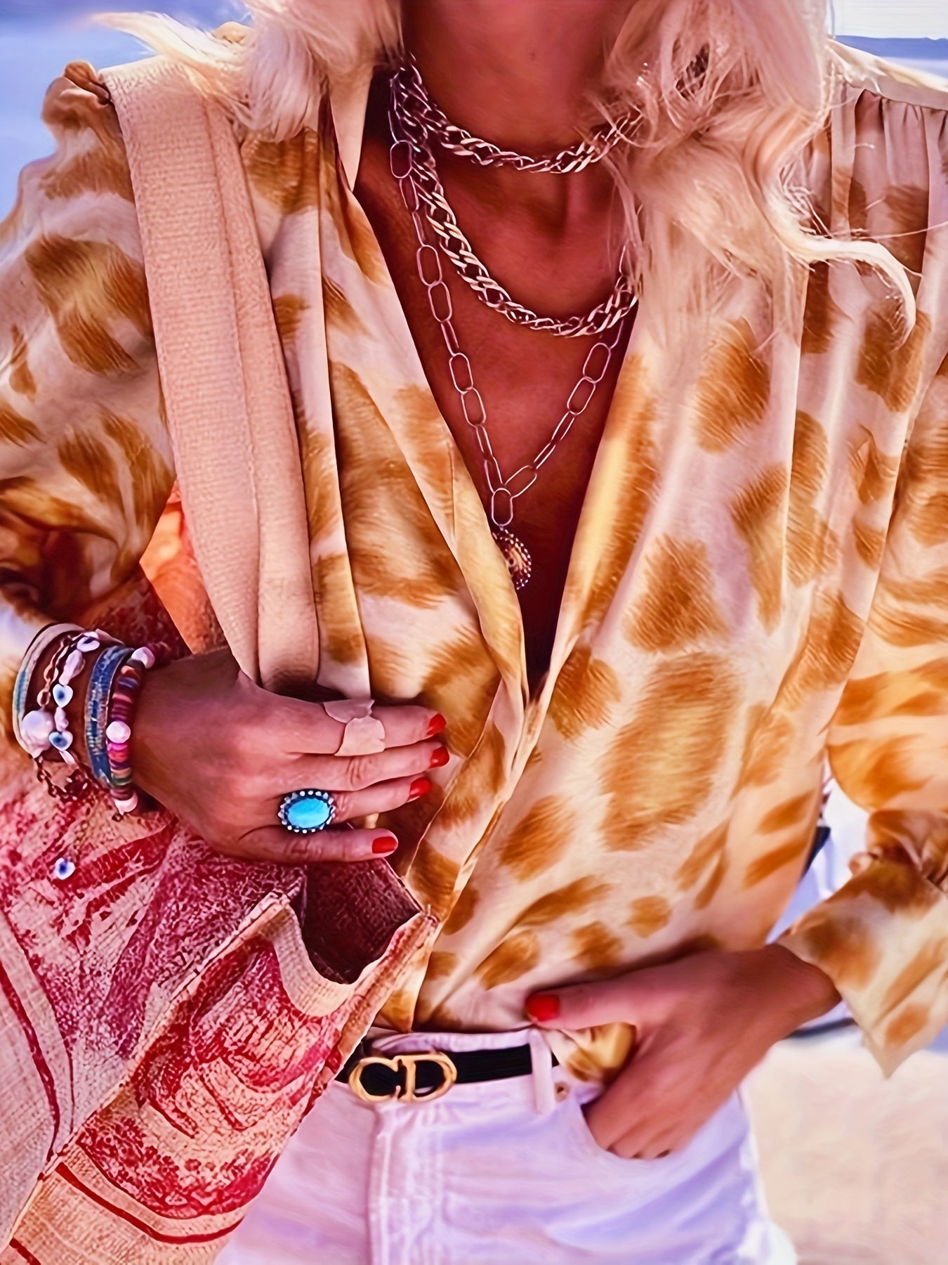  Leopard Print Button Up Long Sleeve Mock Neck Blouse