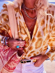  Leopard Print Button Up Long Sleeve Mock Neck Blouse