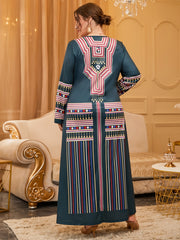  Geometric Print Abaya Dress Long Sleeve Square Neck Maxi