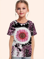 Girls Leopard Print Sunflower Graphic Tee Short Sleeve T Shirt