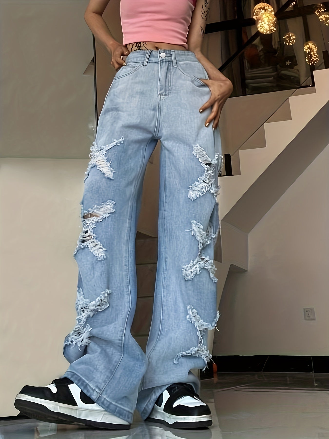 High Rise Distressed Wide Leg Jeans for Women
