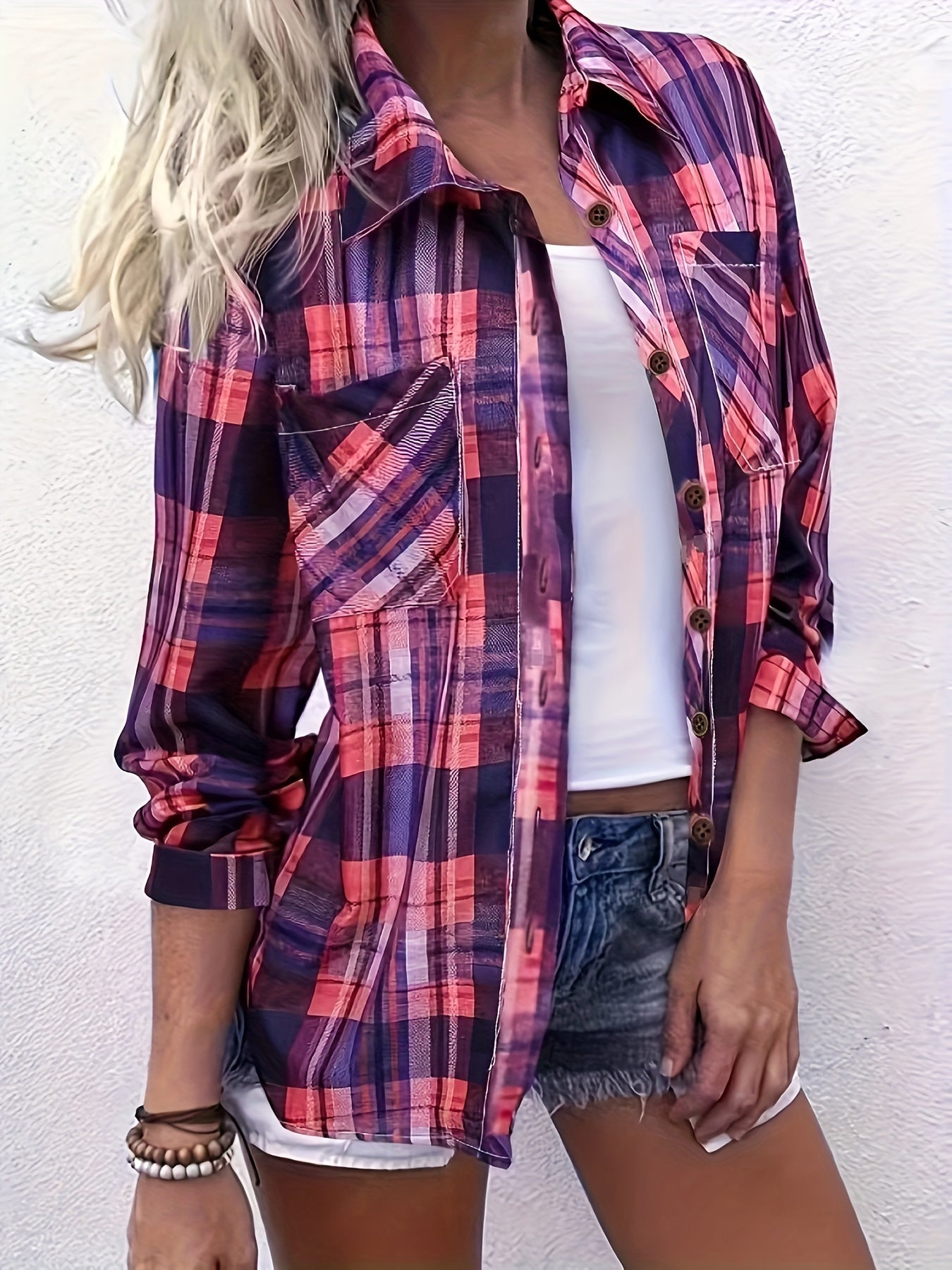  Plaid Print Long Sleeve Button Up Shirt