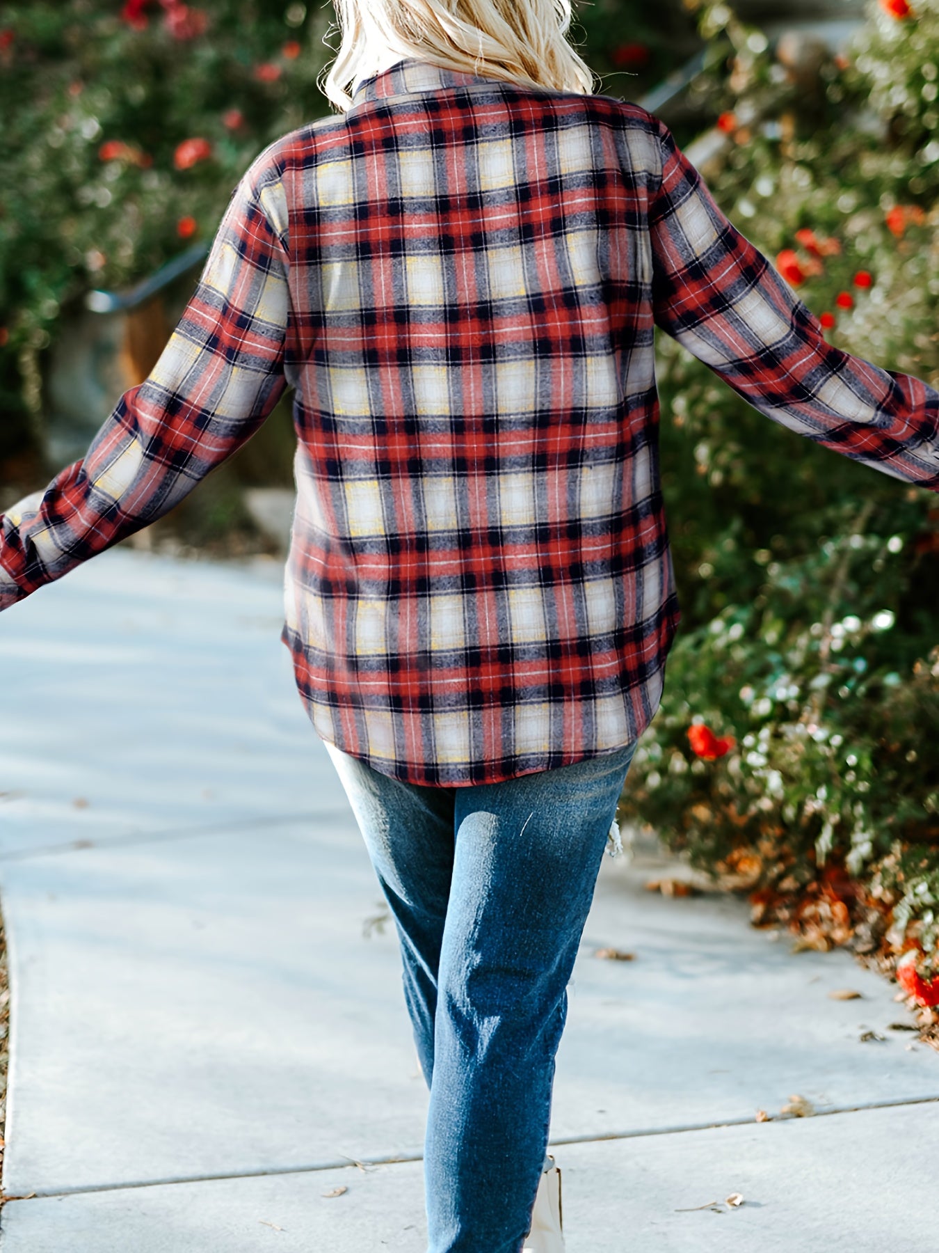  Plaid Print Button Up Long Sleeve Blouse