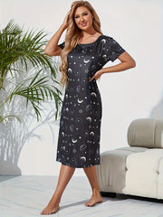 Starry Print Nightdress Casual Crew Neck Short Sleeve Sleep Dress