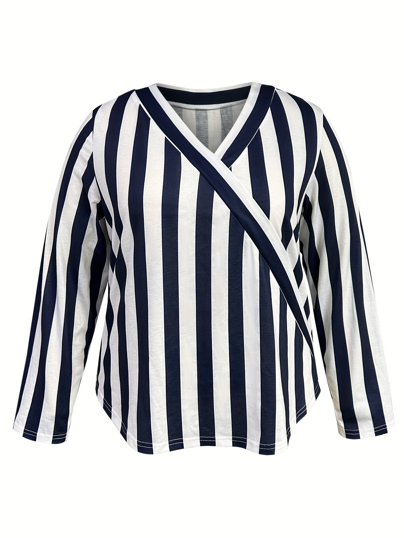  Stripe Print Long Sleeve V Neck Stretch Top