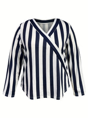  Stripe Print Long Sleeve V Neck Stretch Top
