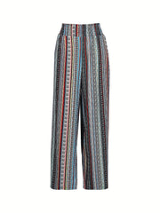  Striped Print Wide Leg Pants With Pockets