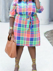  Plaid Print Long Sleeve Shirt Dress With Belt