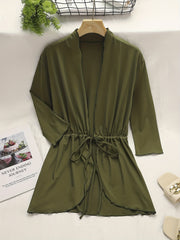  Solid Long Sleeve Open Front Drawstring Cardigan