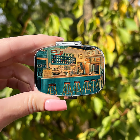 Retro Diner Metal Pill Box 2 Compartment Medicine Organizer