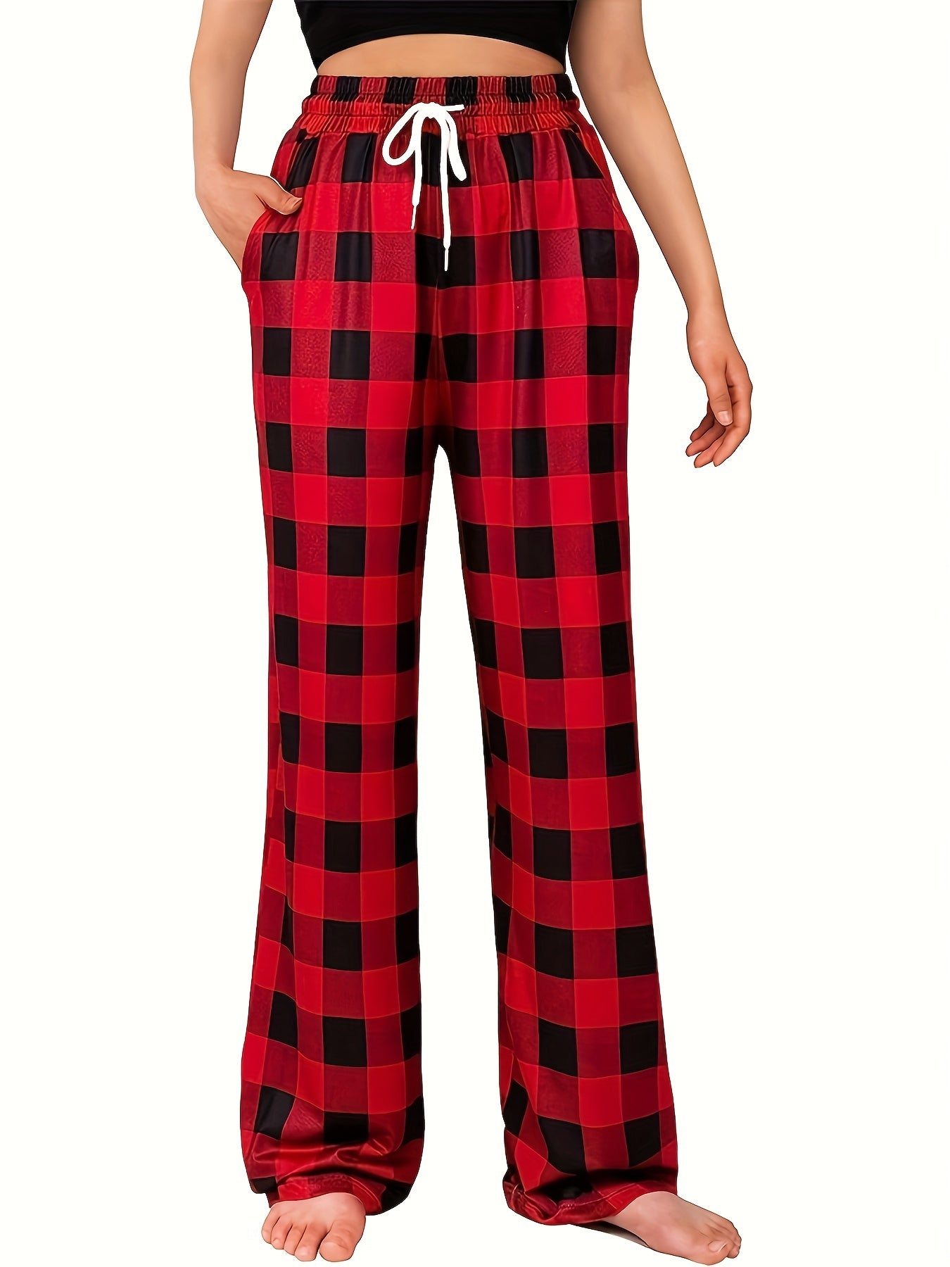  Plaid Elastic Drawstring High Rise Straight Leg Pants