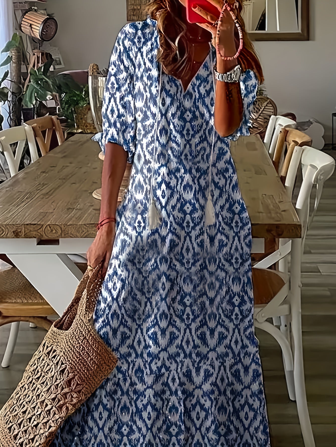  Boho Dress Women's Plus Allover Print Ruffle Trim Maxi Dress