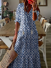  Boho Dress Women's Plus Allover Print Ruffle Trim Maxi Dress