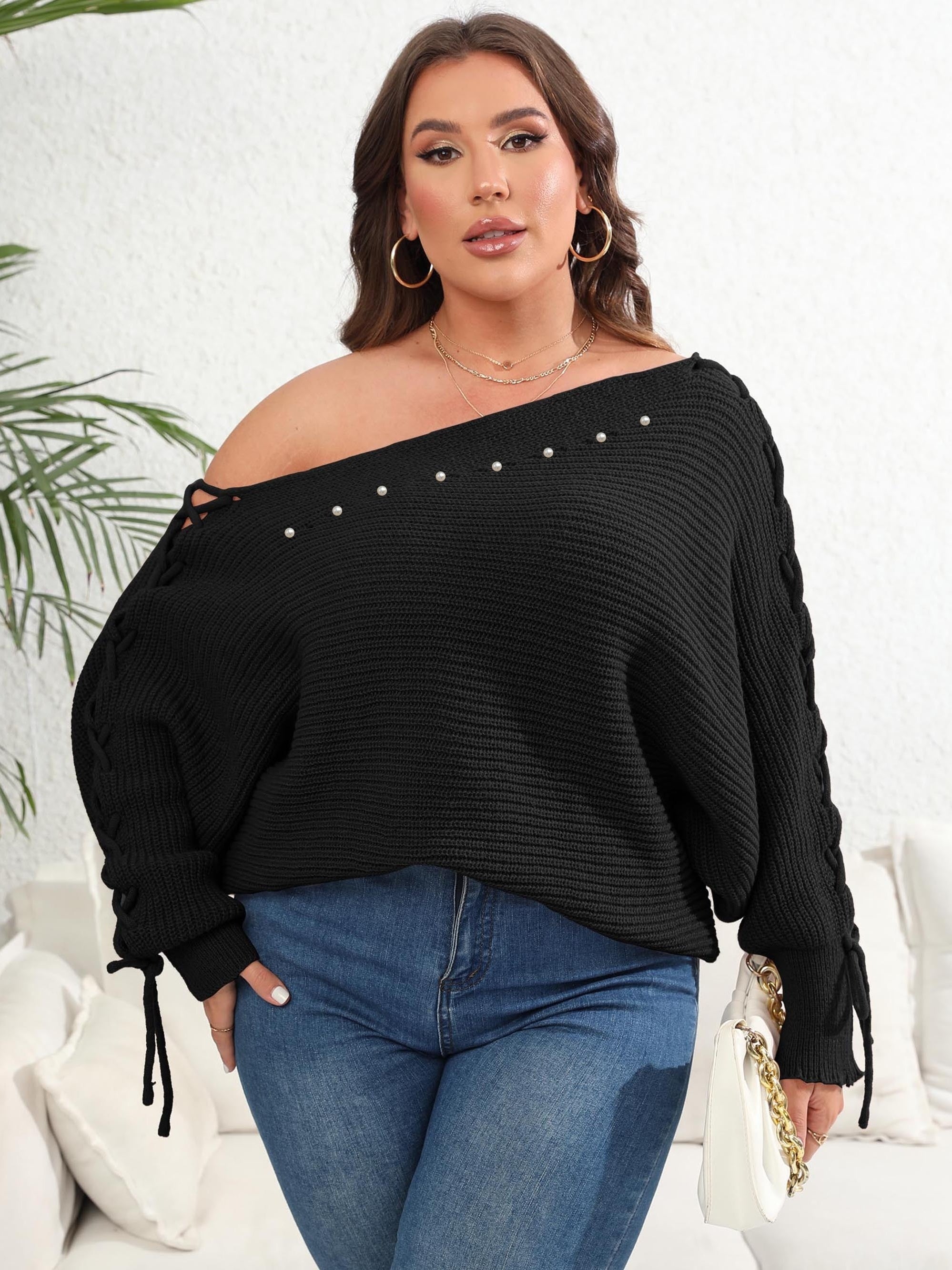  Sexy Sweater Women's Plus Faux Pearl Decor One Shoulder