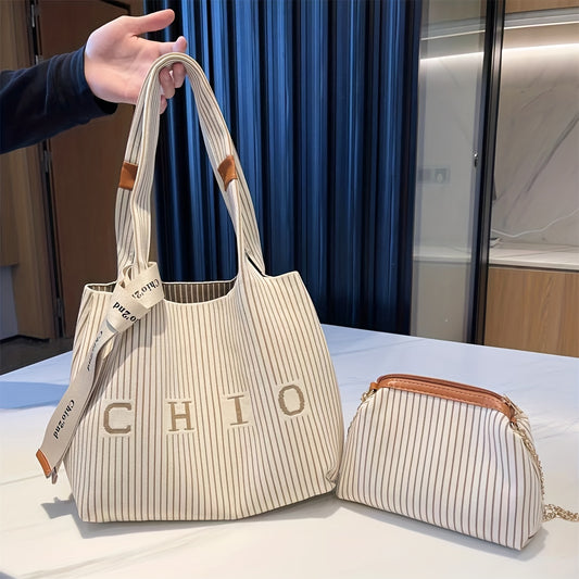 Striped Pattern Shoulder Bag Vintage Knitted Tote Bag