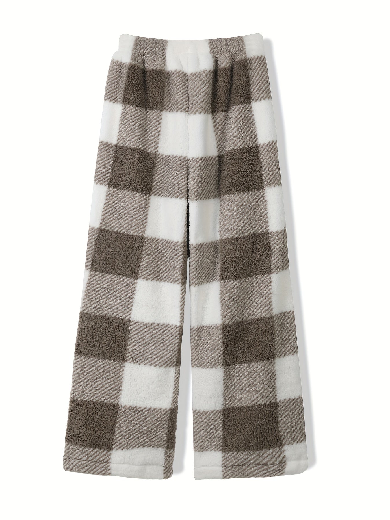 Women's Plus Plaid Print Fleece Elastic High Rise Wide Leg Pants