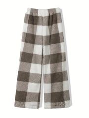 Women's Plus Plaid Print Fleece Elastic High Rise Wide Leg Pants