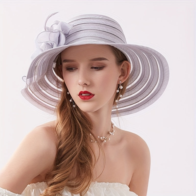 Striped Sun Hat Lace Flower Decor Organza Travel Beach Hats