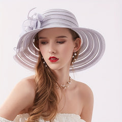Striped Sun Hat Lace Flower Decor Organza Travel Beach Hats
