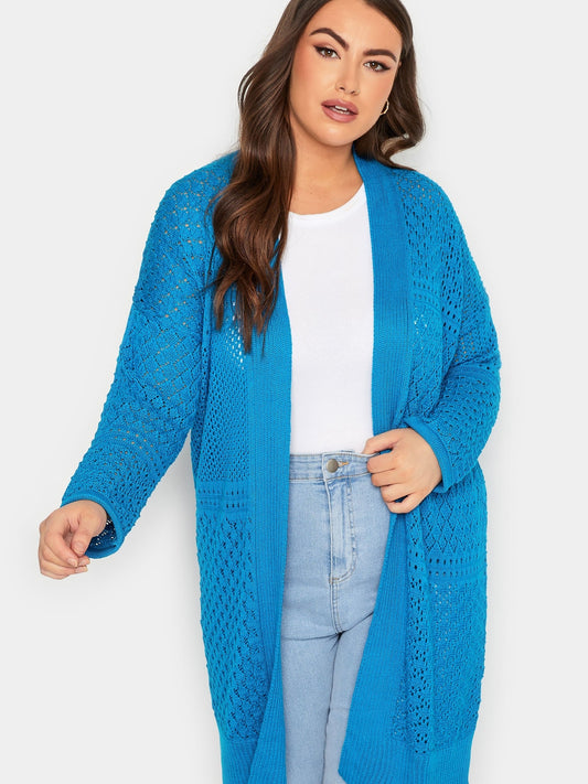  Solid Hollow Out Open Front Cardigan