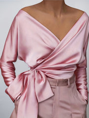  Satin Long Sleeve V Neck Tie Side Crop Wrap Blouse