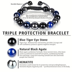 Triple Protection Hematite Agate Tigers Eye Stone Men's Bracelet