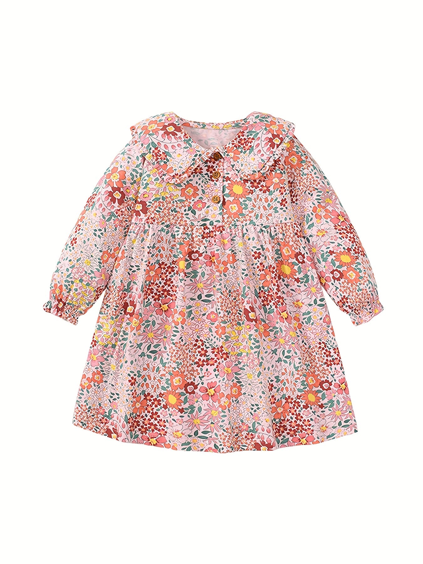 Girls Long Sleeve Pink Floral Button Dress